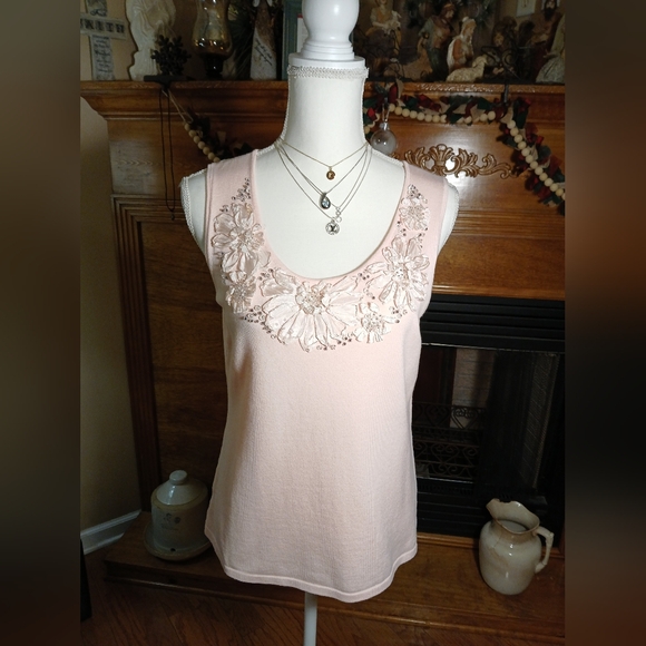 Ruby Rd. Tops - Ruby Rd Embellished Tank Top With Floral Detail Around Neckline